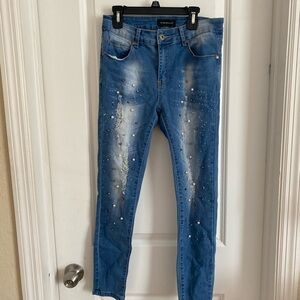Blue Embellished Pearl Women's Jeans